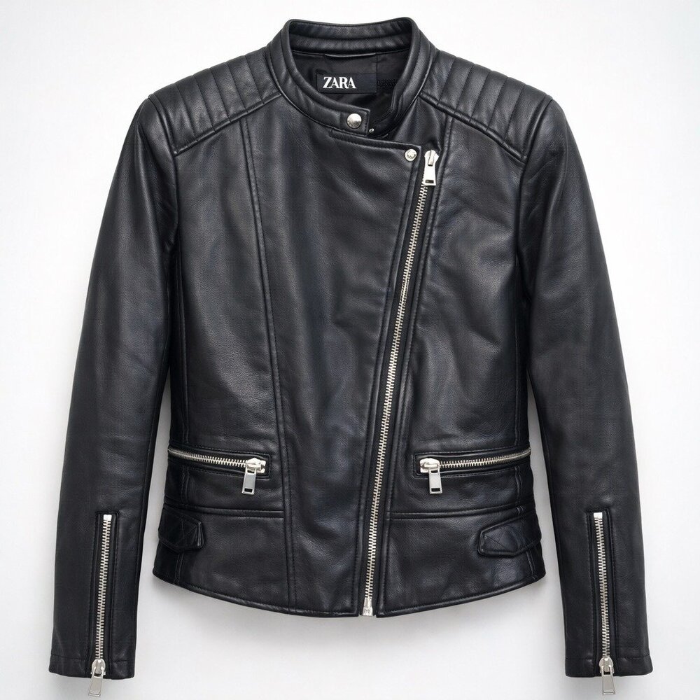 ZARA Faux Leather Moto Jacket Women’s Medium Black Biker Asymmetrical Zip EUC